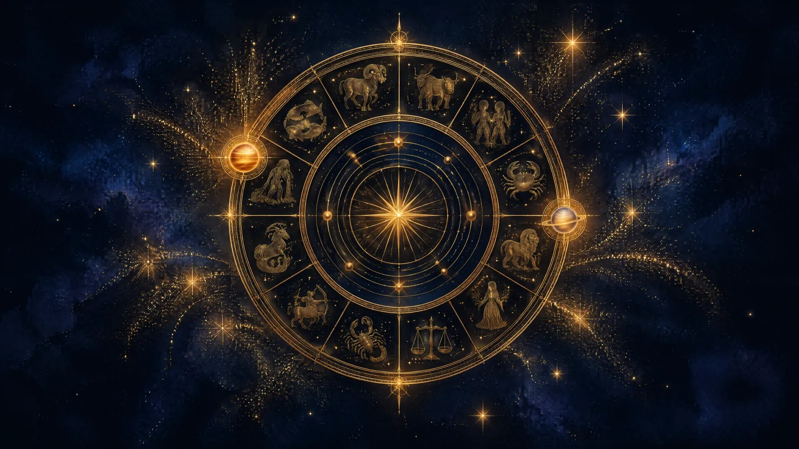 An ornate golden zodiac wheel like a celestial clock with two glowing jewels for Jupiter and Saturn, surrounded by bursts of gold star dust