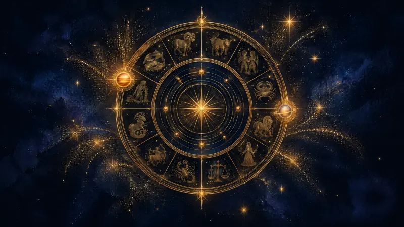 An ornate golden zodiac wheel like a celestial clock with two glowing jewels for Jupiter and Saturn, surrounded by bursts of gold star dust