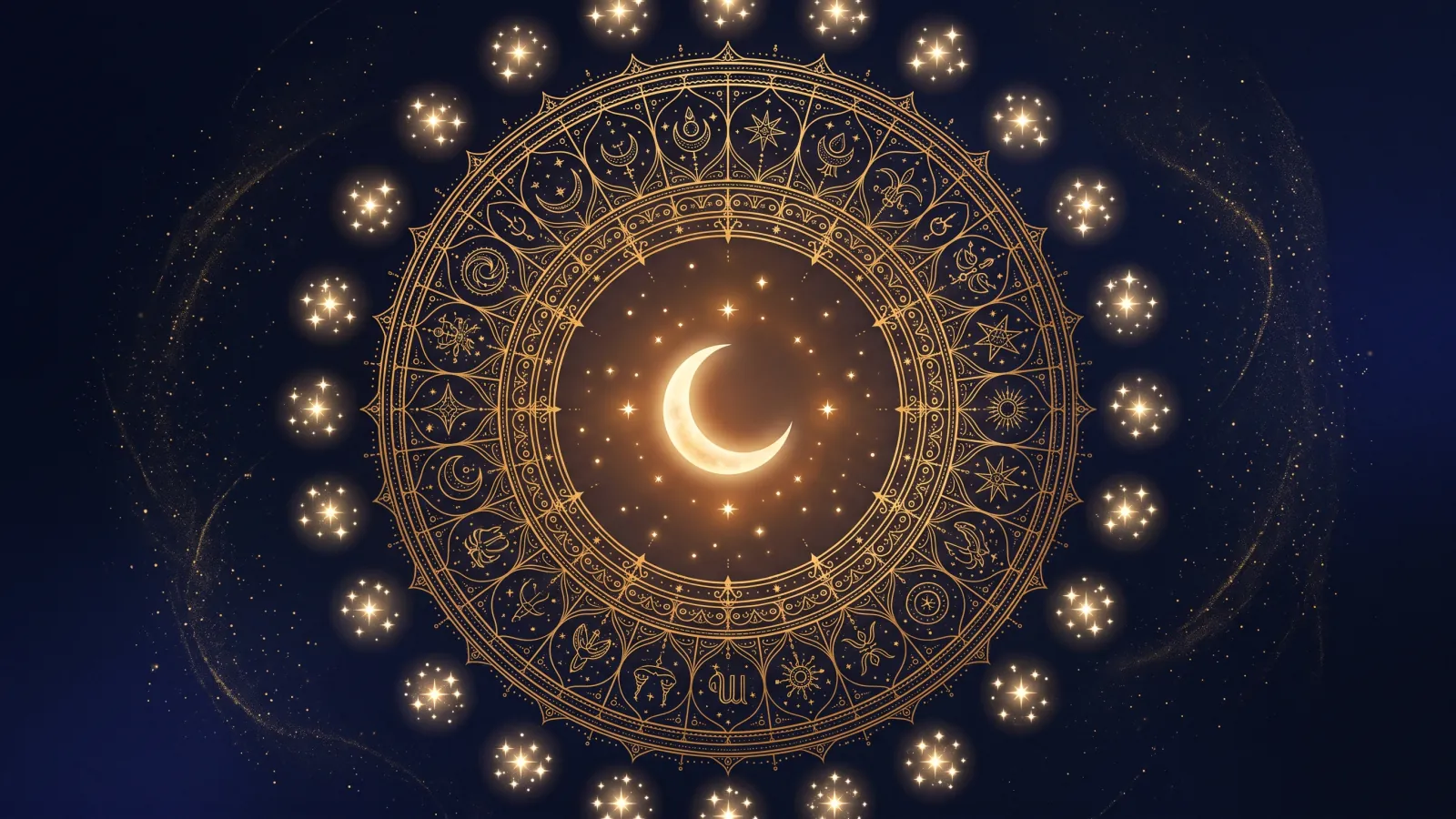 A circular gold star map with twenty-seven star clusters arranged around a glowing crescent Moon
