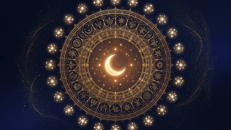 A circular gold star map with twenty-seven star clusters arranged around a glowing crescent Moon