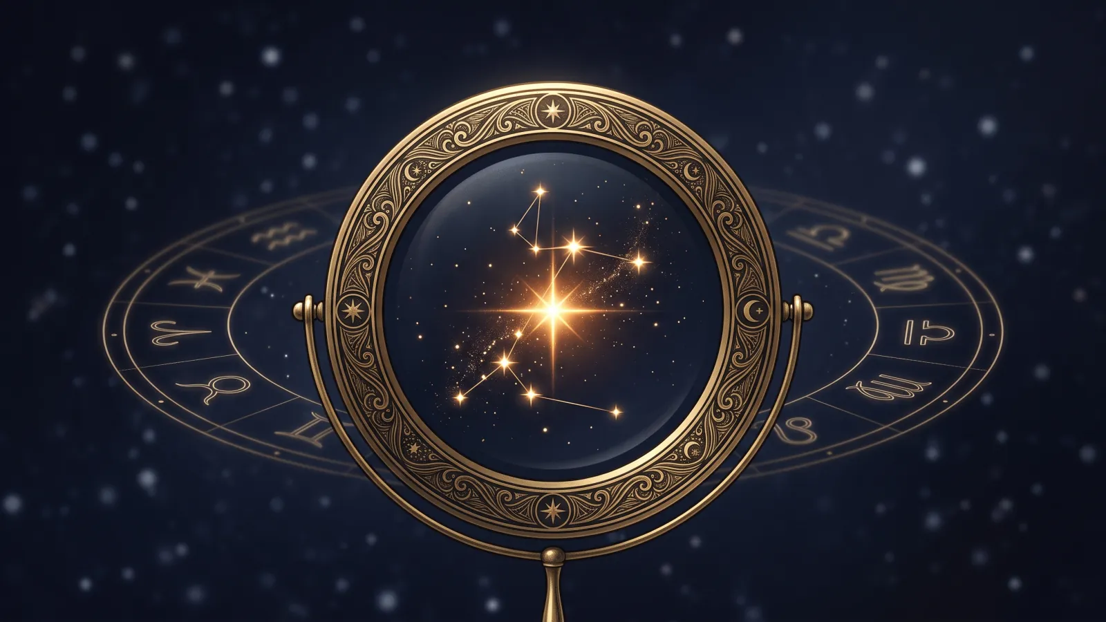 A golden magnifying lens bringing one bright star and its constellation into focus against a field of faint stars