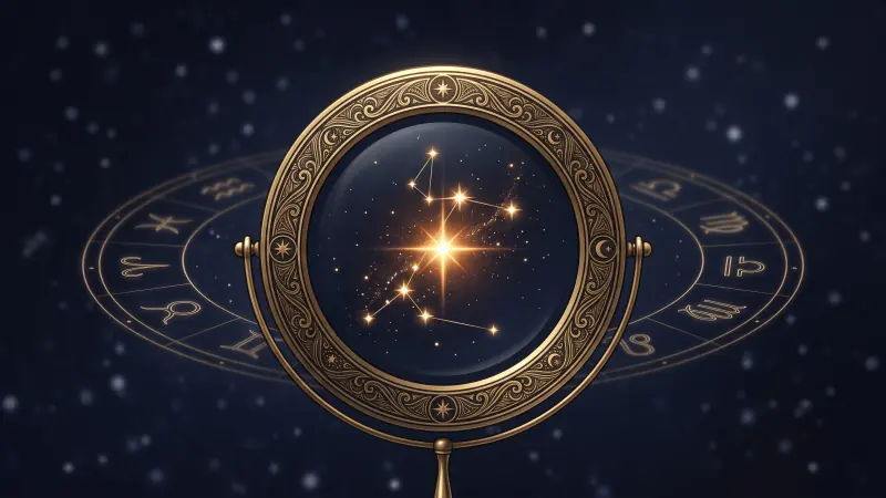 A golden magnifying lens bringing one bright star and its constellation into focus against a field of faint stars