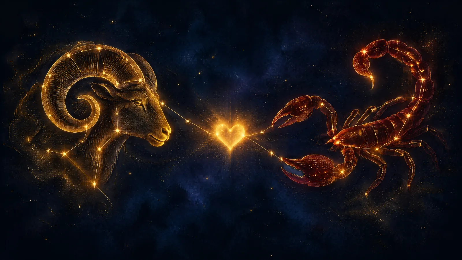 A golden ram's head constellation facing a crimson scorpion constellation, their lines meeting in a heart-shaped glow