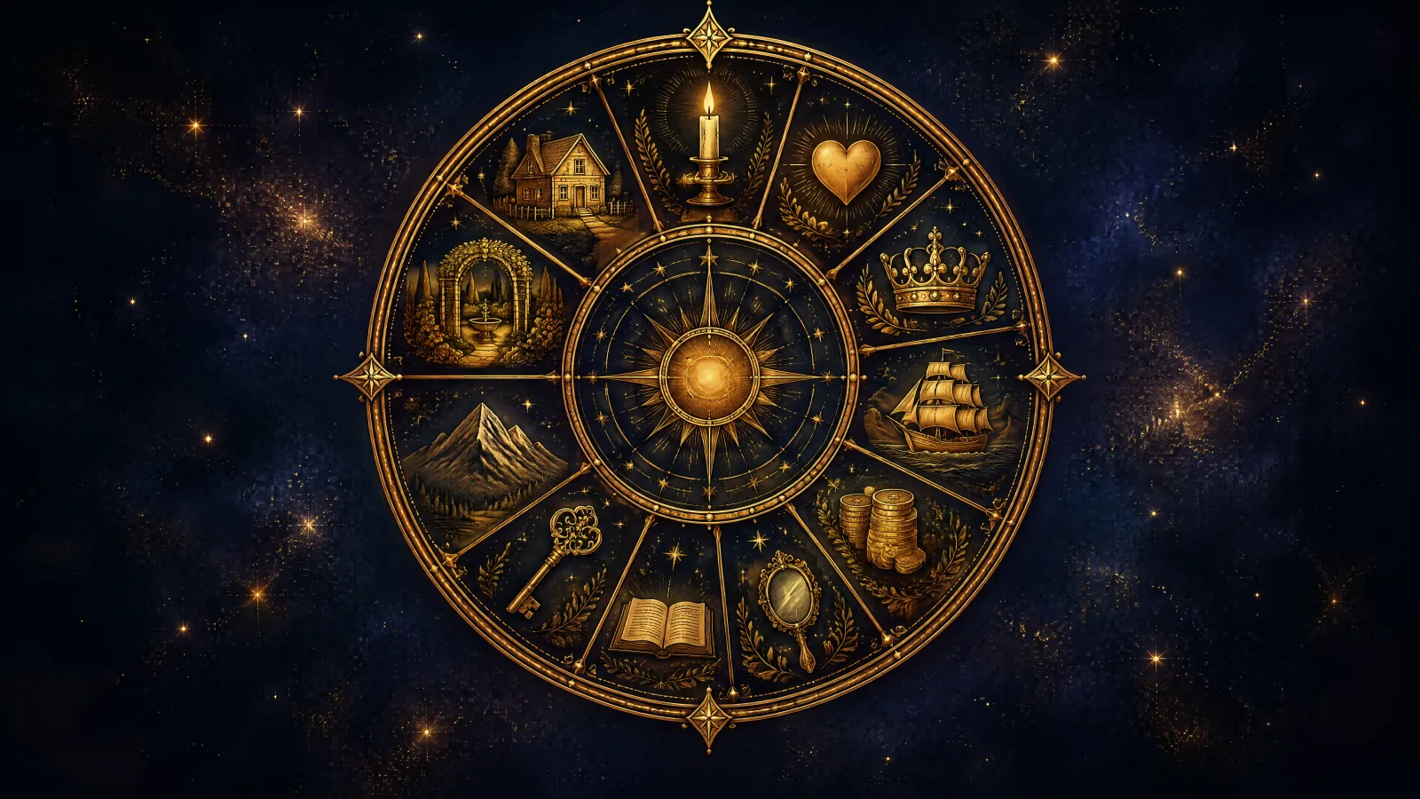 An engraved golden chart wheel divided into twelve segments, each holding a tiny symbol such as a house, a heart, a crown and a ship