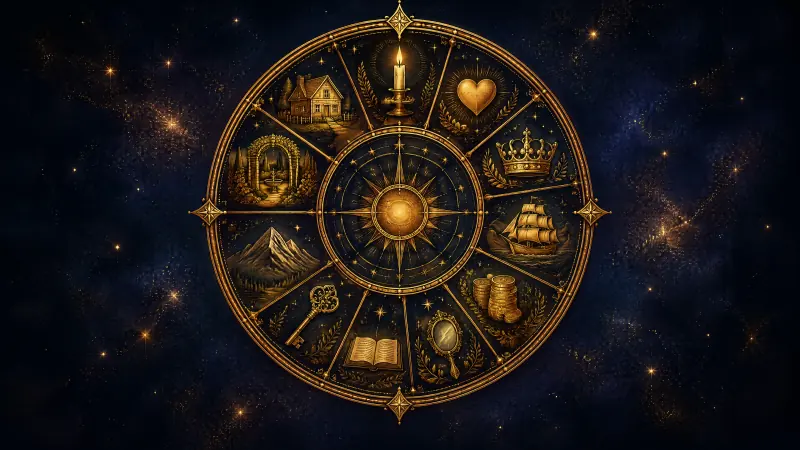 An engraved golden chart wheel divided into twelve segments, each holding a tiny symbol such as a house, a heart, a crown and a ship
