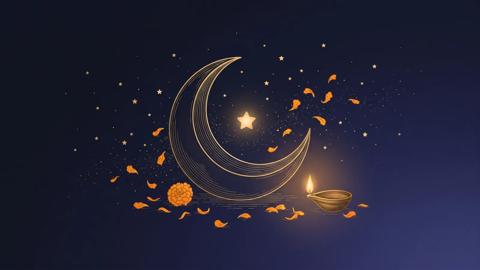 A golden crescent moon cradling a small glowing star among marigold petals, beside a lit brass diya lamp