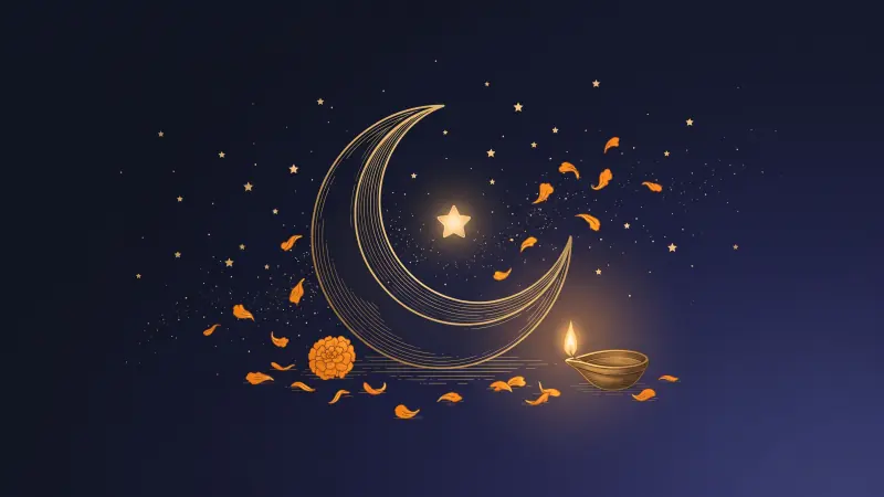A golden crescent moon cradling a small glowing star among marigold petals, beside a lit brass diya lamp