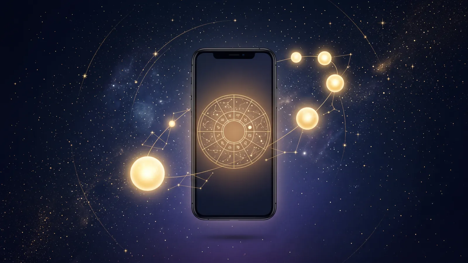A smartphone showing a golden birth chart wheel, with glowing orbs rising in an arc beside it against a starry sky
