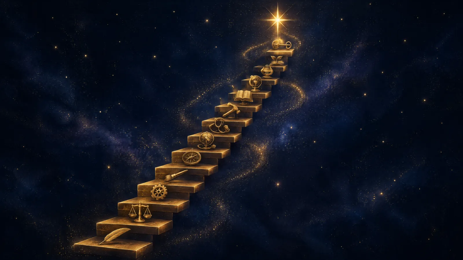 A golden staircase of twelve floating steps, each carrying a small engraved tool, rising toward a bright star