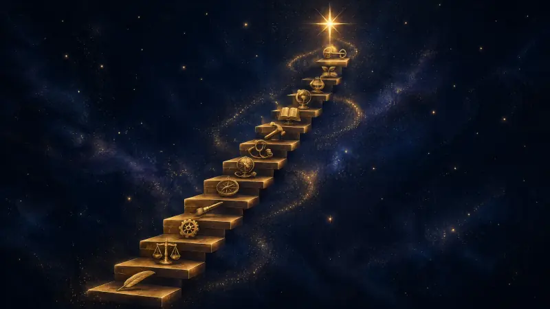 A golden staircase of twelve floating steps, each carrying a small engraved tool, rising toward a bright star