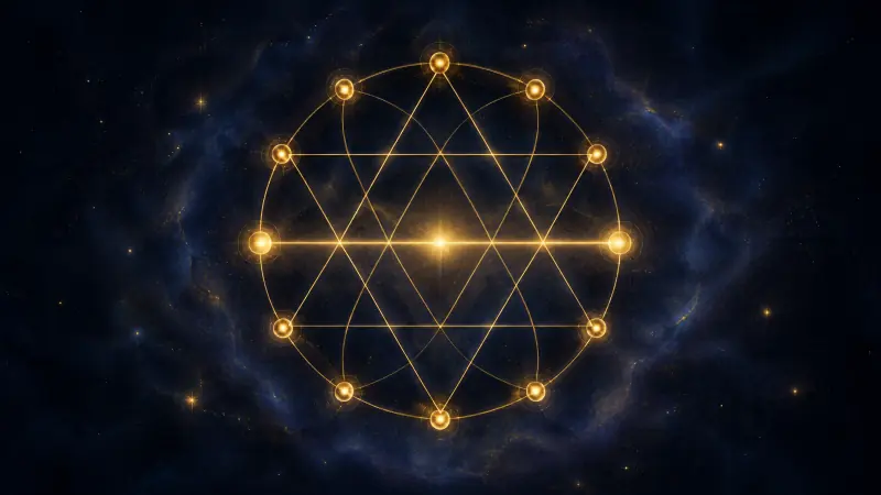 Twelve glowing orbs in a circle joined by golden lines forming interlocking triangles, with one bright line across the circle