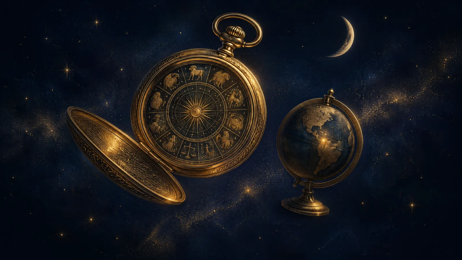 An antique gold pocket watch with a zodiac dial beside a small brass globe with one glowing point of light