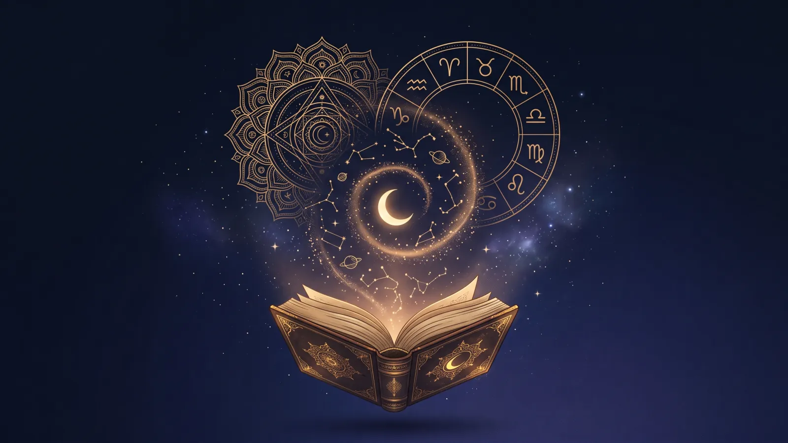 An open book releasing golden constellations, with a Vedic mandala and a Western zodiac ring meeting above it