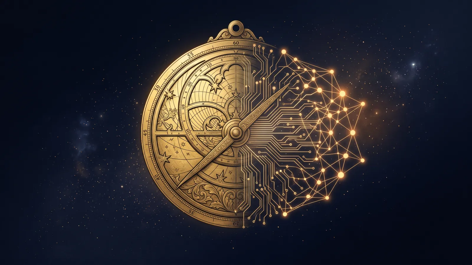 A brass astrolabe whose engraved rings dissolve into glowing gold circuit lines and a neural network