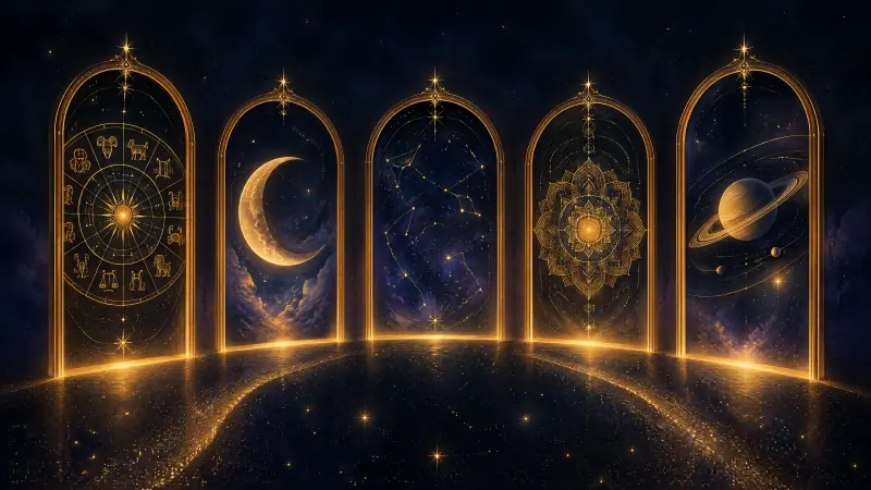 Five glowing arched doorways on a path of stars, each opening onto a different night sky