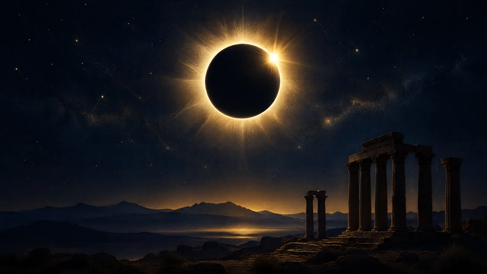 A total solar eclipse with a brilliant golden corona above dark desert hills and ancient temple columns