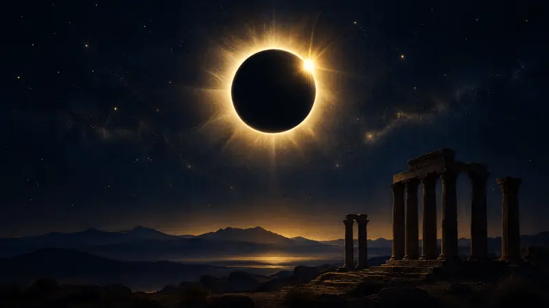 A total solar eclipse with a brilliant golden corona above dark desert hills and ancient temple columns