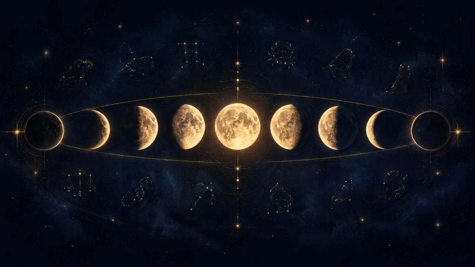 A procession of glowing moons in a row, from new to full and back, linked by a golden arc across a starry sky