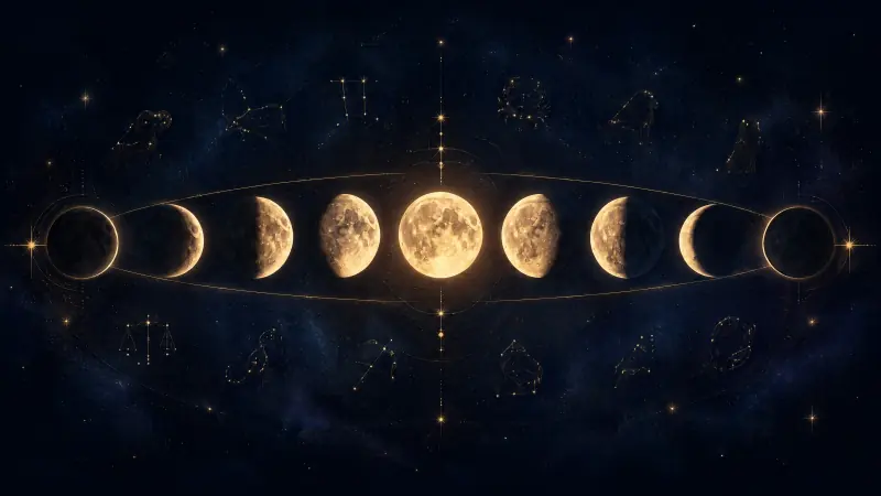 A procession of glowing moons in a row, from new to full and back, linked by a golden arc across a starry sky