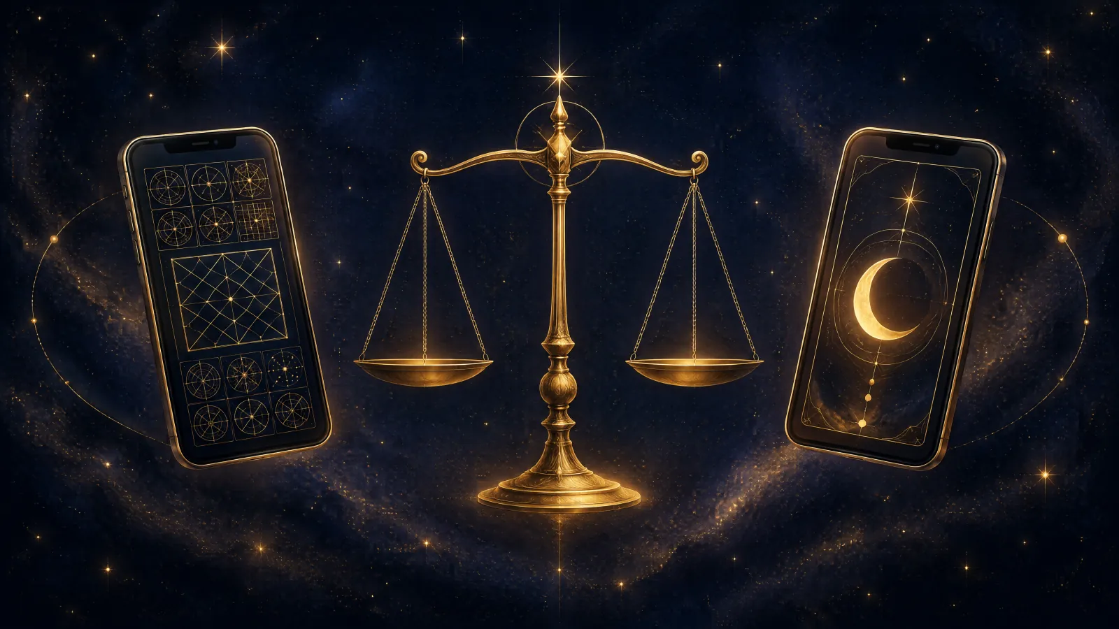 Two smartphones on either side of a golden balance scale, one screen dense with golden grids and one with a single crescent Moon card