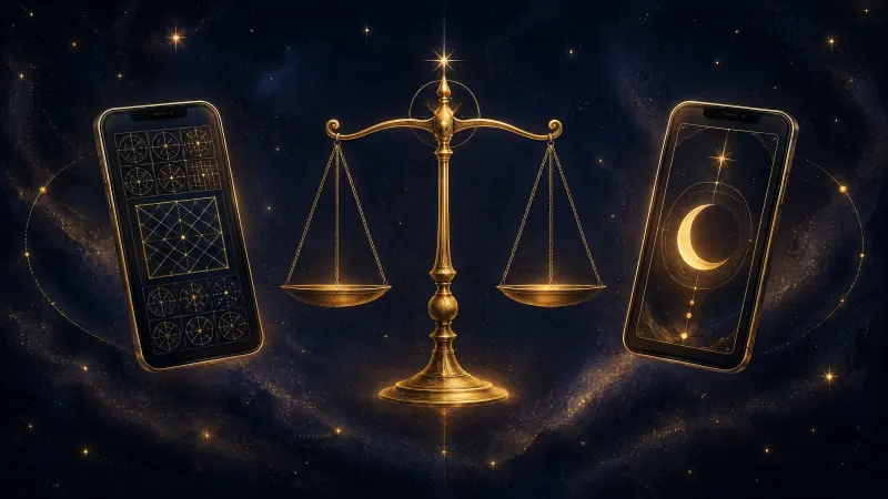 Two smartphones on either side of a golden balance scale, one screen dense with golden grids and one with a single crescent Moon card