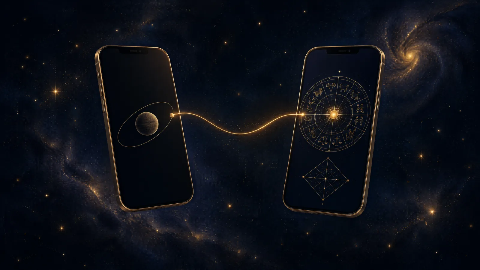 Two smartphones side by side, one with a minimalist planet drawing and one with a golden birth chart wheel, joined by a thread of light