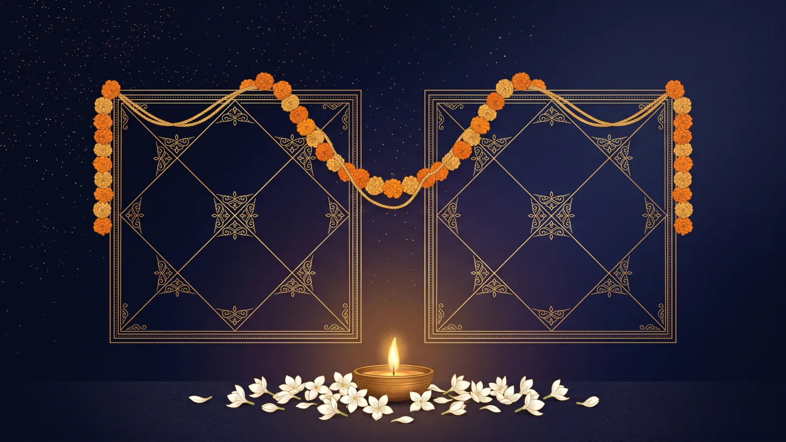 Two North Indian style horoscope charts joined by a marigold garland above a glowing brass diya lamp