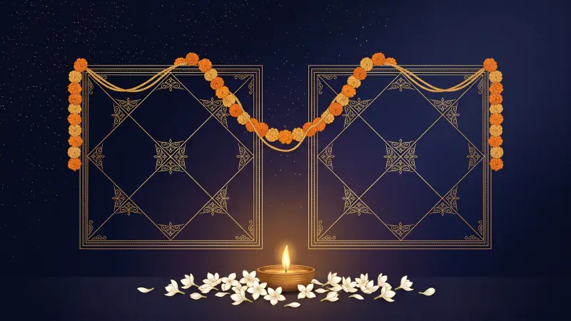 Two North Indian style horoscope charts joined by a marigold garland above a glowing brass diya lamp