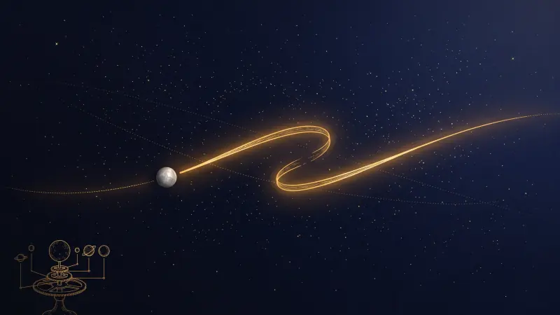 The planet Mercury tracing a glowing golden retrograde loop across the stars, with a brass orrery in the corner