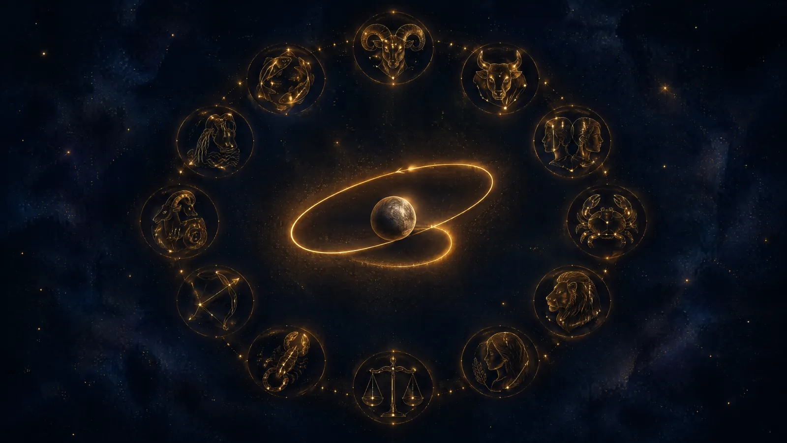 The planet Mercury tracing a golden retrograde loop inside a ring of twelve softly lit zodiac constellations