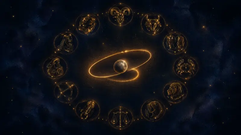 The planet Mercury tracing a golden retrograde loop inside a ring of twelve softly lit zodiac constellations