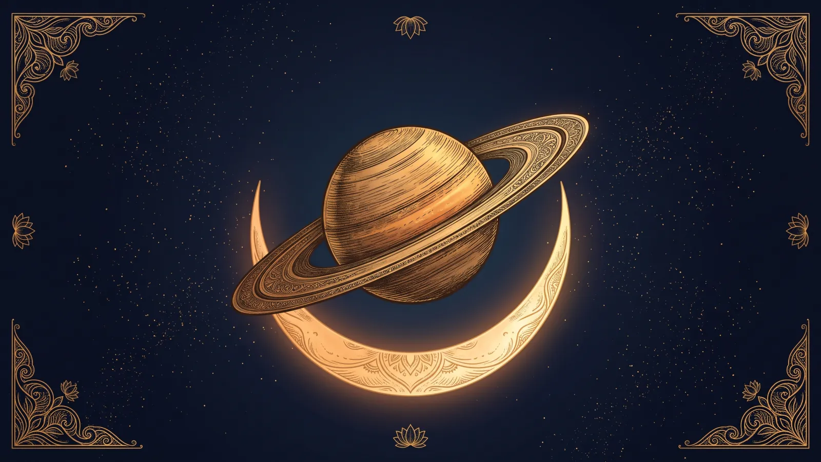 Saturn hovering calmly above a glowing crescent Moon, with gold filigree corners in the style of an Indian miniature