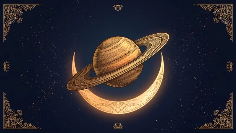 Saturn hovering calmly above a glowing crescent Moon, with gold filigree corners in the style of an Indian miniature