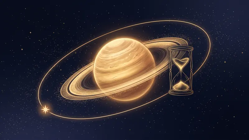 Saturn in golden light, its orbit drawn as a full ellipse returning to a star, beside a slender hourglass