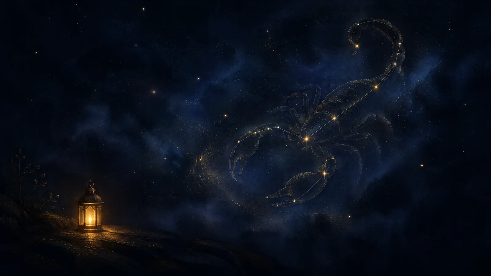 A golden scorpion constellation receding into an indigo mist, with a small warm lantern glowing in the foreground