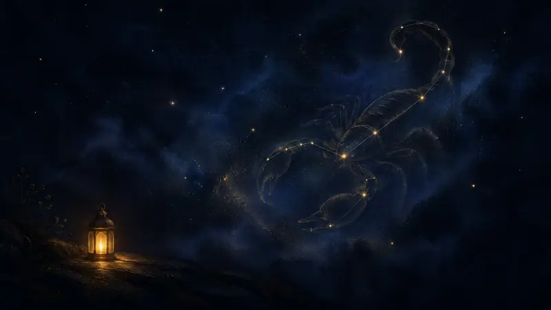 A golden scorpion constellation receding into an indigo mist, with a small warm lantern glowing in the foreground