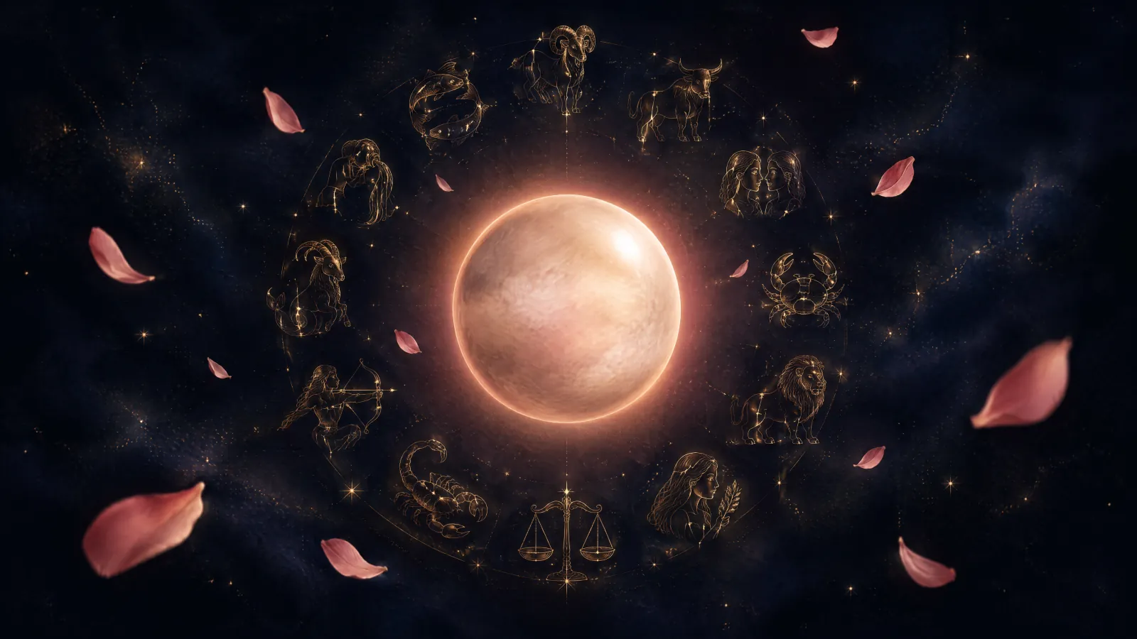 The planet Venus glowing with a rose-gold halo inside a ring of twelve zodiac constellations, with rose petals drifting past