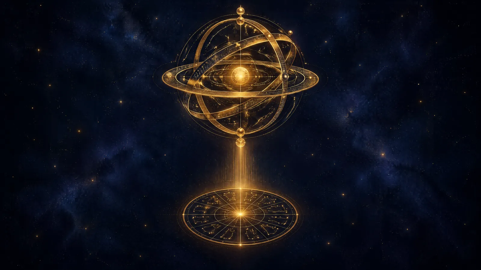 A golden armillary sphere whose rings are made of circuit lines, casting a beam of light onto a floating birth chart wheel