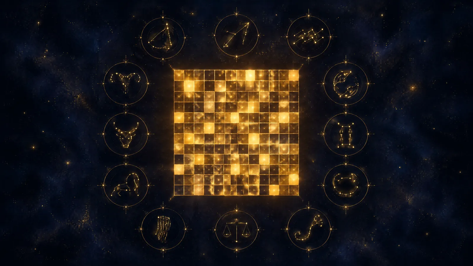 A glowing twelve-by-twelve mosaic of golden tiles floating in space, framed by the twelve zodiac constellations
