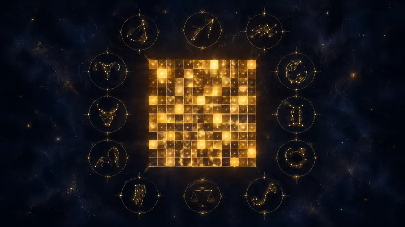 A glowing twelve-by-twelve mosaic of golden tiles floating in space, framed by the twelve zodiac constellations