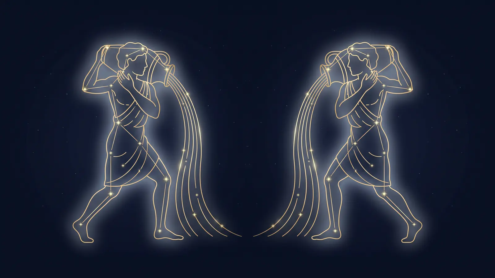 Two gold constellations of the water bearer, the symbol of Aquarius, facing each other on a midnight sky