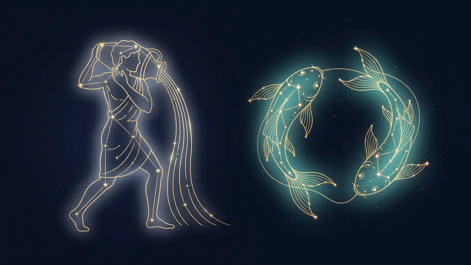 Two gold constellations on a midnight sky: the water bearer of Aquarius facing the fish of Pisces