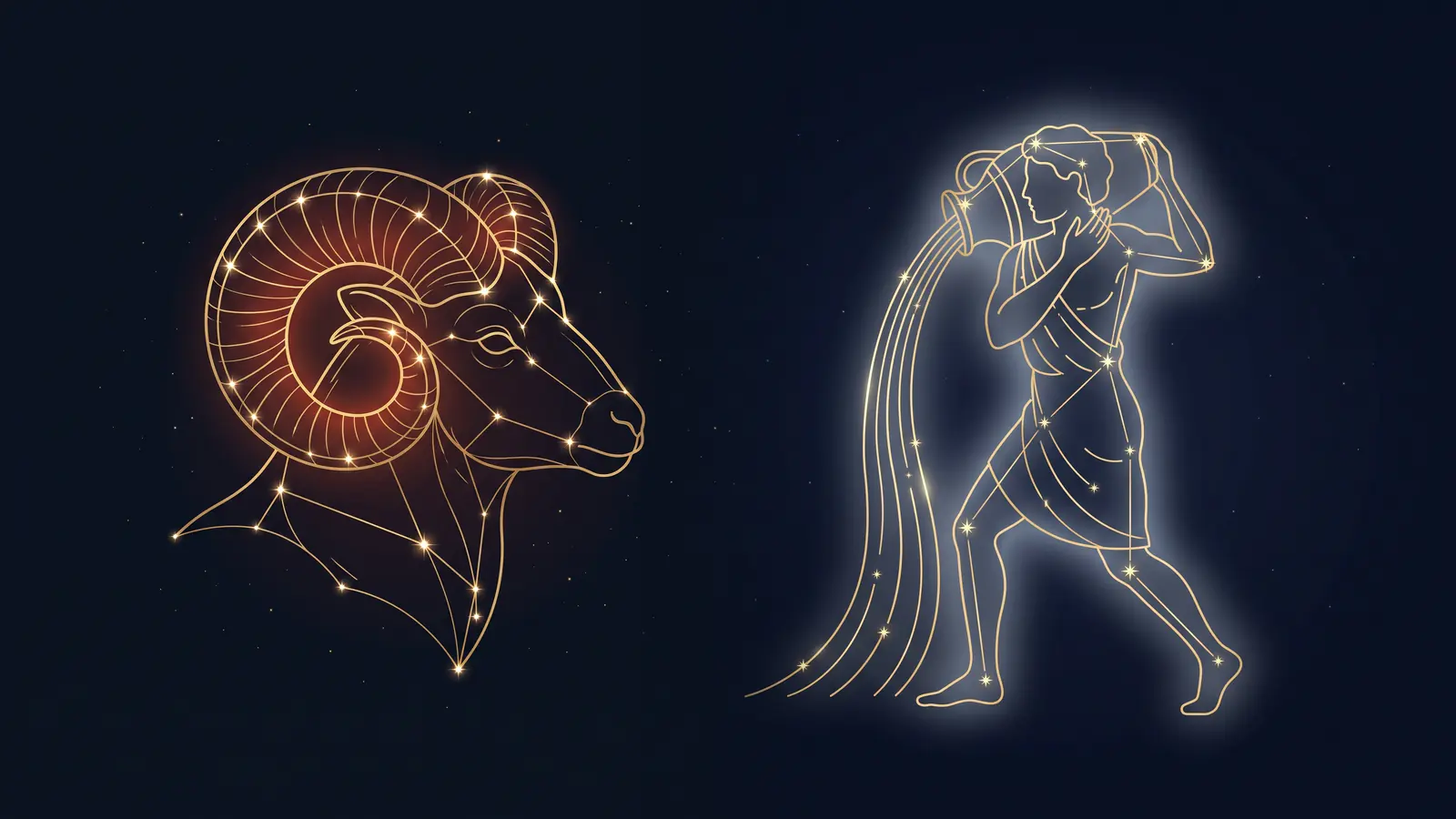 Two gold constellations on a midnight sky: the ram of Aries facing the water bearer of Aquarius