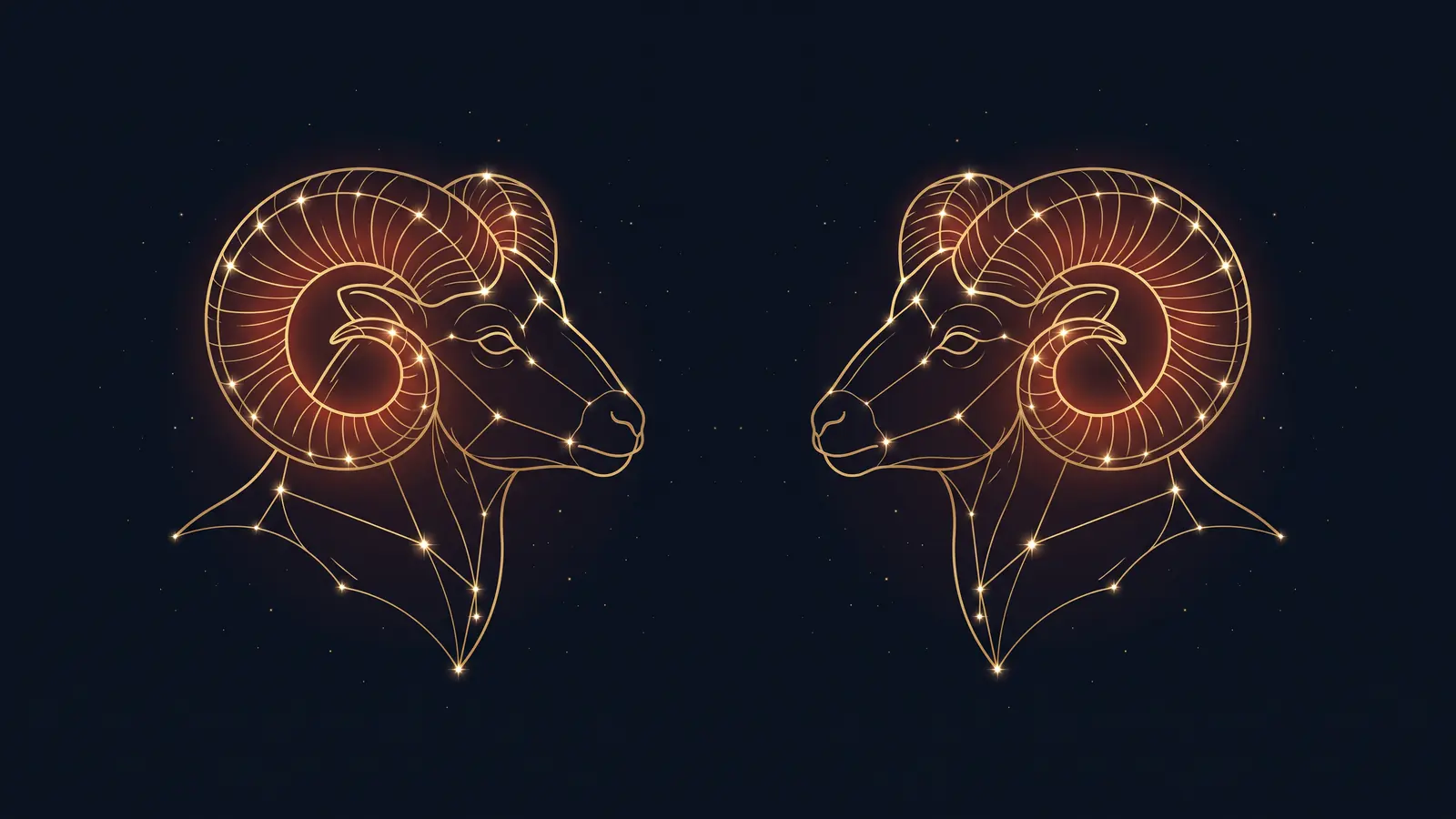 Two gold constellations of the ram, the symbol of Aries, facing each other on a midnight sky