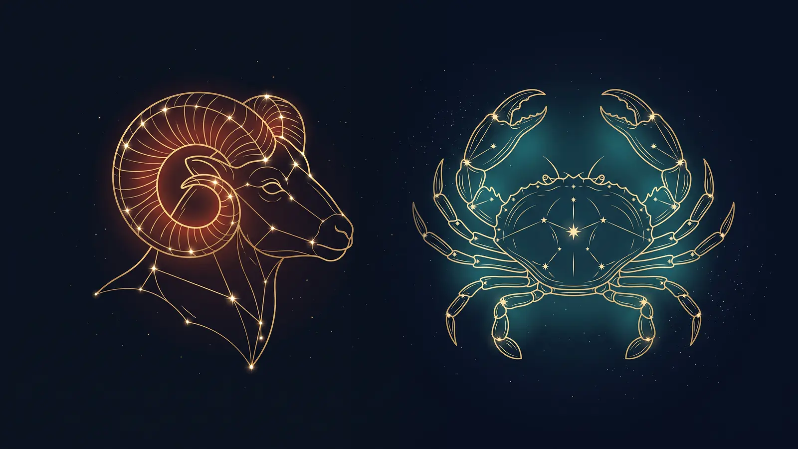 Two gold constellations on a midnight sky: the ram of Aries facing the crab of Cancer