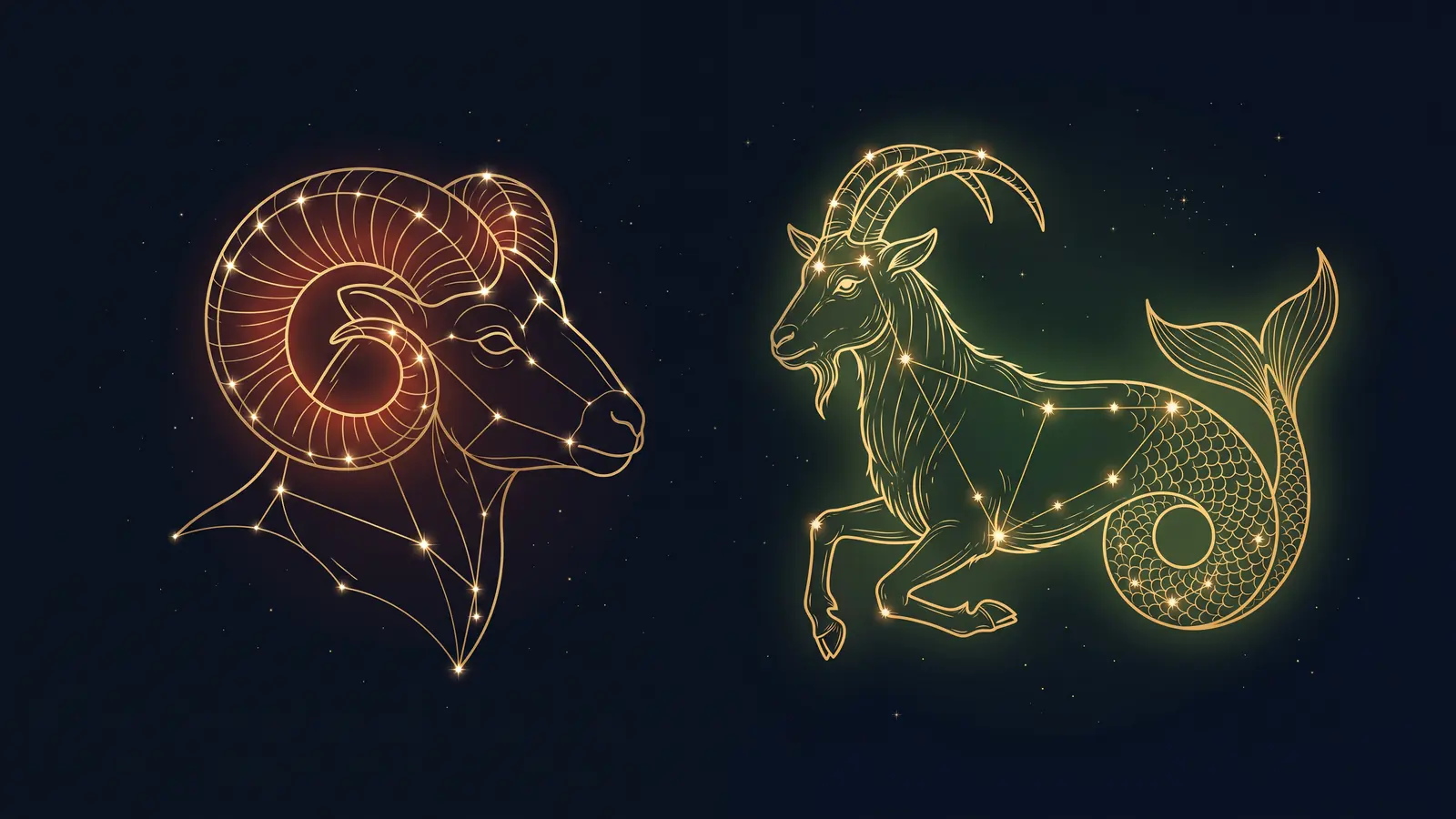 Two gold constellations on a midnight sky: the ram of Aries facing the sea-goat of Capricorn
