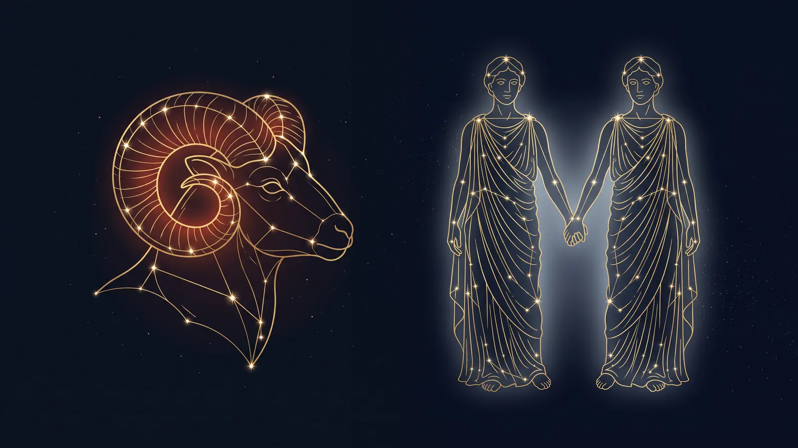 Two gold constellations on a midnight sky: the ram of Aries facing the twins of Gemini