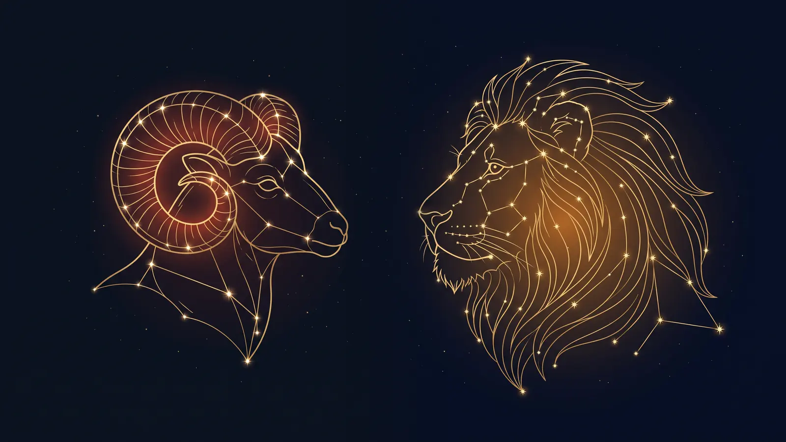 Two gold constellations on a midnight sky: the ram of Aries facing the lion of Leo