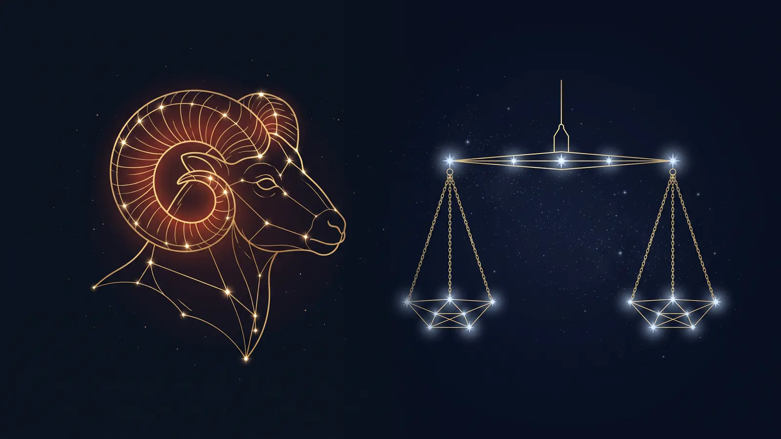 Two gold constellations on a midnight sky: the ram of Aries facing the scales of Libra