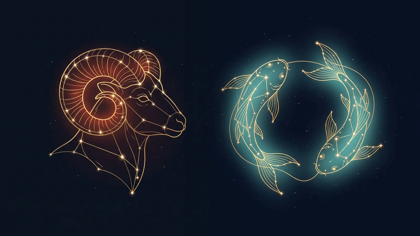 Two gold constellations on a midnight sky: the ram of Aries facing the fish of Pisces